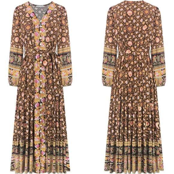 Dresses & Skirts - Women's Long Sleeve Boho Midi Dress V Neck Brown